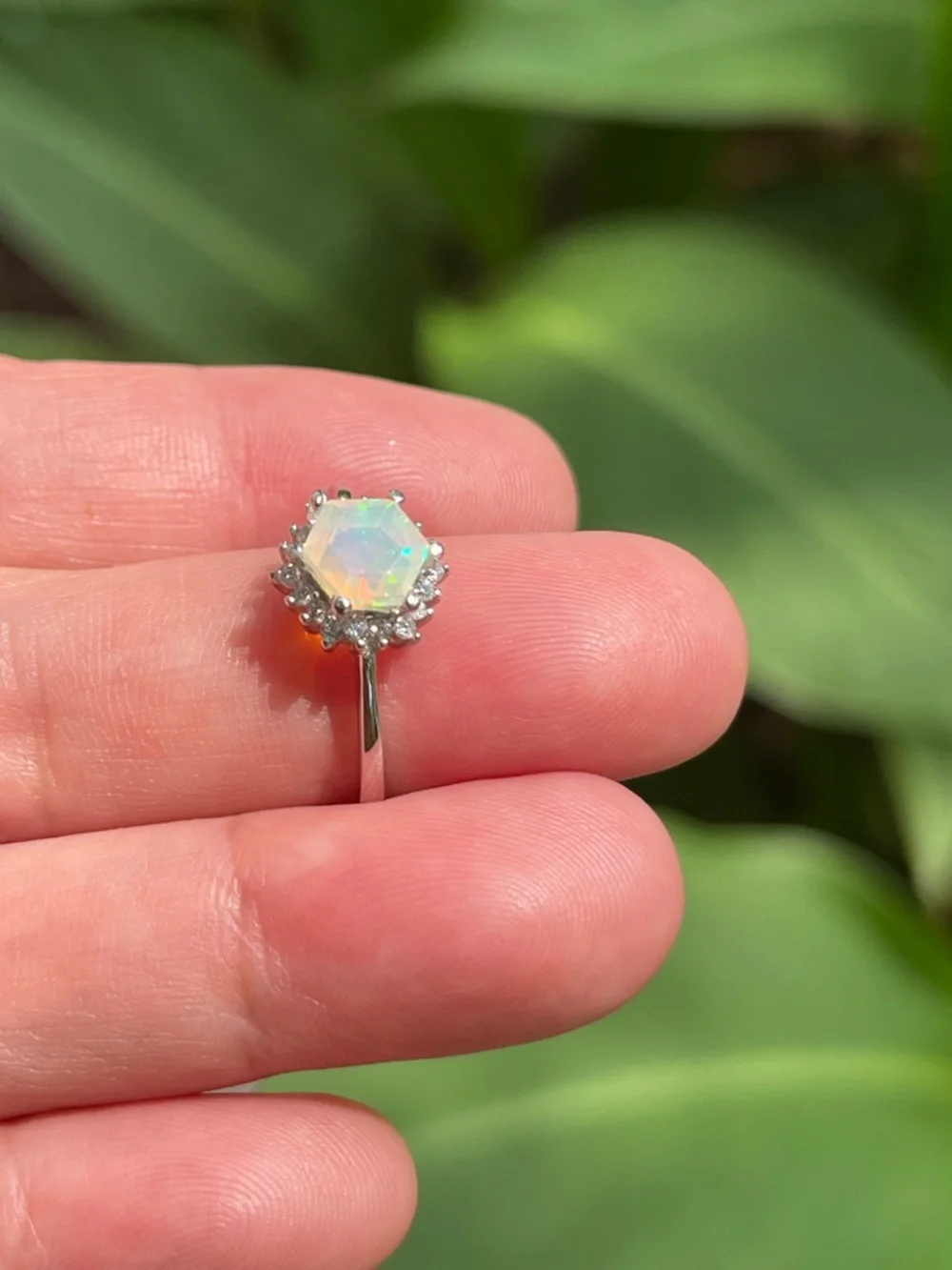Iridescent Ethiopian Natural Opal Halo Ring in 925 Sterling Silver Size 7